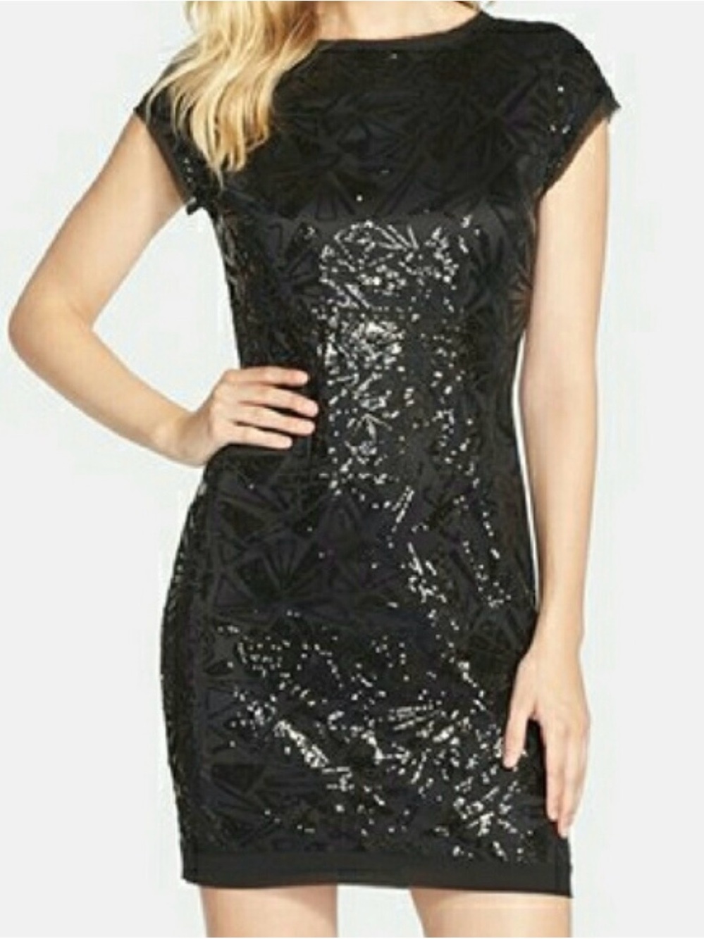 Vince Camuto Black Geometric Sequin Cap-Sleeve Sheath Dress, Size 14